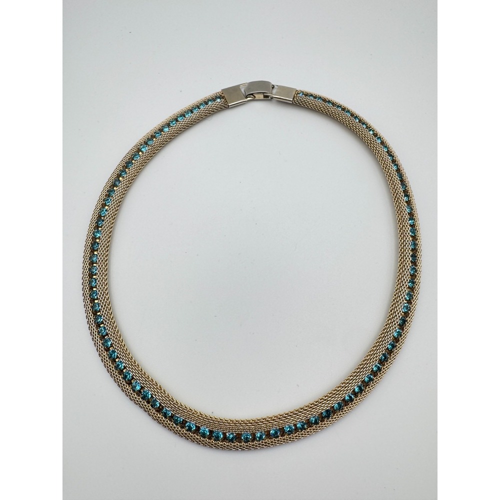 Vintage Mesh Necklace Gold Tone Collar Choker Aqua Blue Rhinestone Row  15"